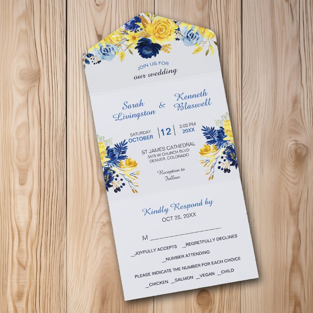 Invitation Tout En Un Bright Gold Navy Blue Floral Bouquet Mariage (Créateur téléchargé)