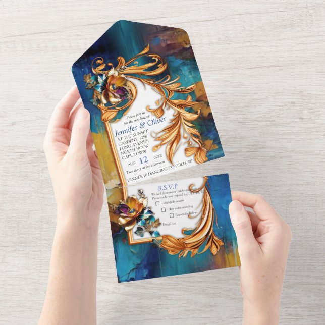 Invitation Tout En Un bronze Abstrait, style baroque bleu or (Déchirure)