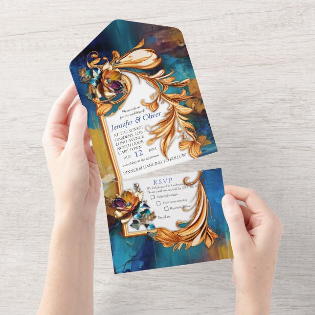 Invitation Tout En Un bronze Abstrait, style baroque bleu or (Déchirure)