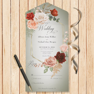 Invitation Tout En Un Brosse Rustique Boho Rust Peach Floral Frame Sage 