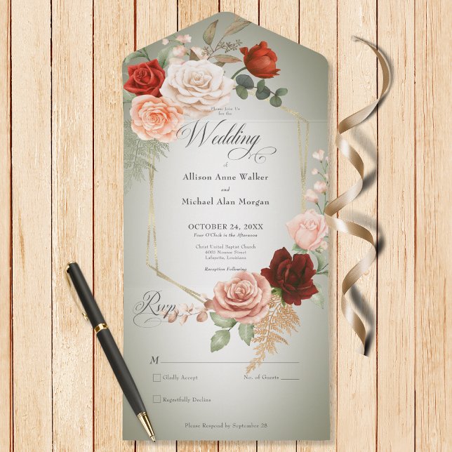 Invitation Tout En Un Brosse Rustique Boho Rust Peach Floral Frame Sage  (Also available with a QR code or with dinner selection options.)