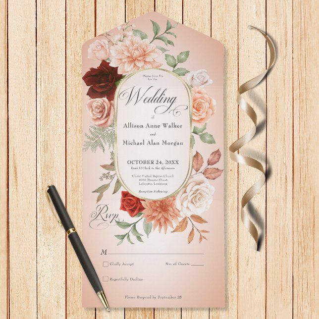 Invitation Tout En Un Brosse Rustique Boho Rust Peach Floral Oval Blush  (Also available with a QR code or with dinner selection options.)