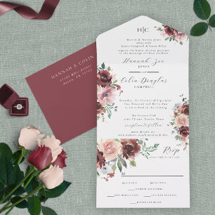 Invitation Tout En Un Brousse classique Bourgogne Rose & Peony