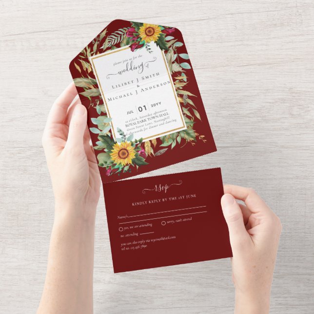 Invitation Tout En Un BUDGET 3en1 RSVP de mariage tournesols Bourgogne (Déchirure)