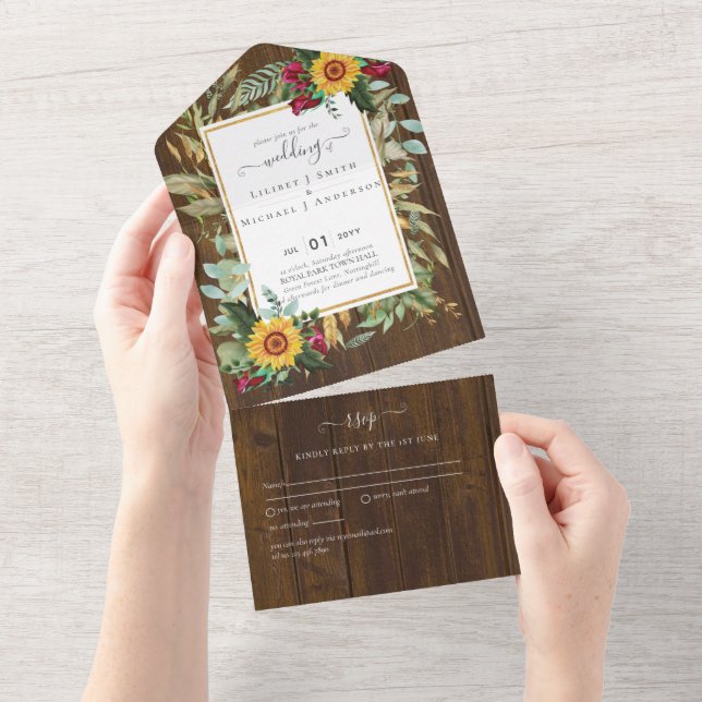 Invitation Tout En Un BUDGET 3en1 RSVP mariage tournesols Bourgogne (Déchirure)