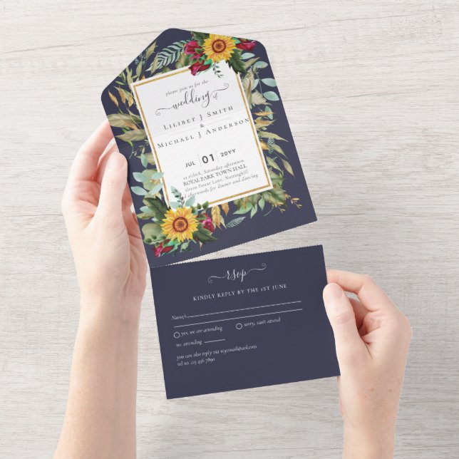 Invitation Tout En Un BUDGET 3in1 Burgundy Sunflowers Mariage RSVP (Déchirure)