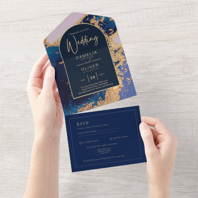 Invitation Tout En Un Budget Agate Blue Gold Wedding Inviter QR Code RSV (Déchirure)