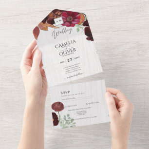 Invitation Tout En Un BUDGET All-in1 Rustique Automne Maroon Bourgogne M