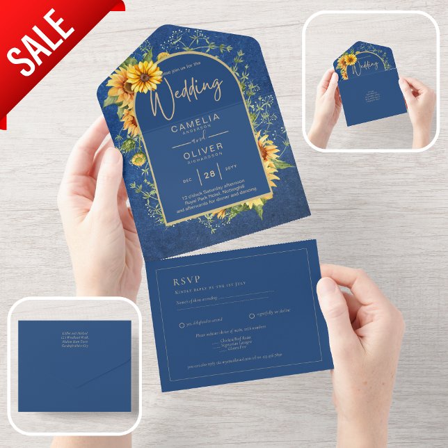 Invitation Tout En Un BUDGET All-in-1 Rustique tournesols BLEU Mariage (Créateur téléchargé)