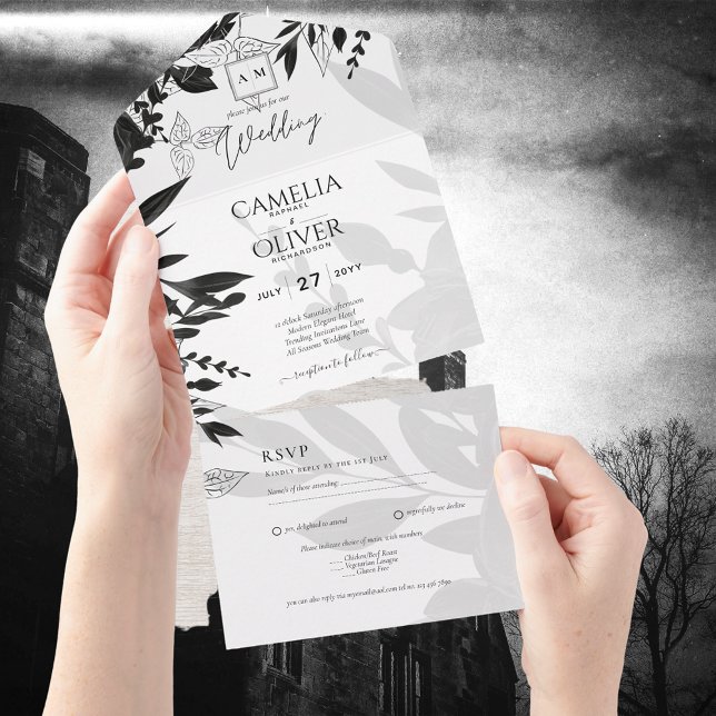 Invitation Tout En Un BUDGET Black Roses Elegant White Wedding Invite (Créateur téléchargé)