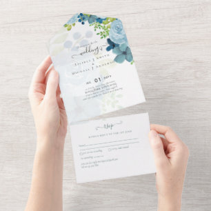 Invitation Tout En Un Budget Dusty Blue Flowers Sage Mariage