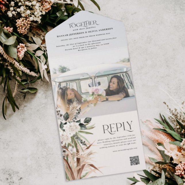 Invitation Tout En Un Budget photo pampas eucalyptus mariage code QR (Créateur téléchargé)