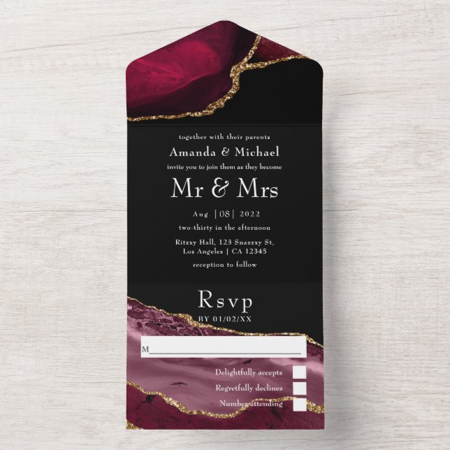 Invitation Tout En Un Burgundy and Gold Agate Wedding All In One Invitat (À l'intérieur)