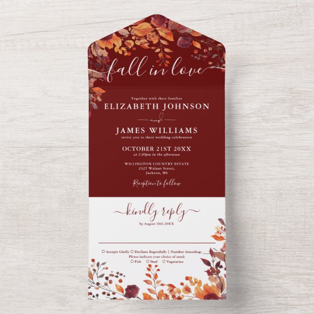 Invitation Tout En Un Burgundy Autumn Floral Fall In Love Wedding (À l'intérieur)