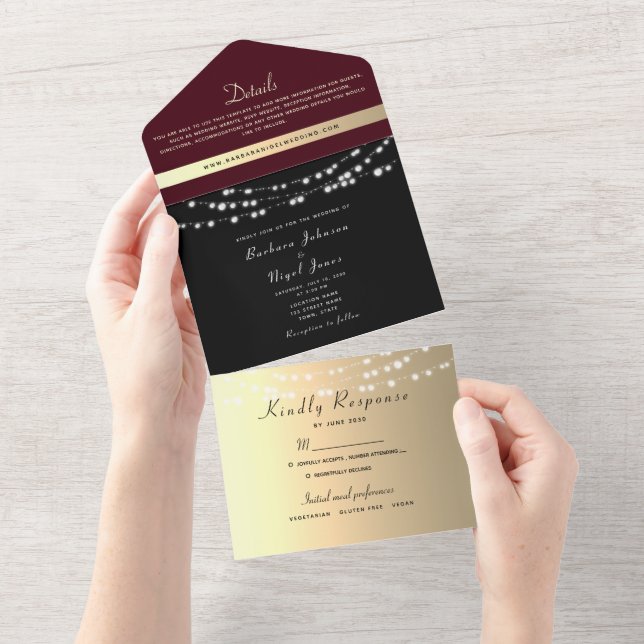 Invitation Tout En Un Burgundy Black Gold String Mariage (Déchirure)