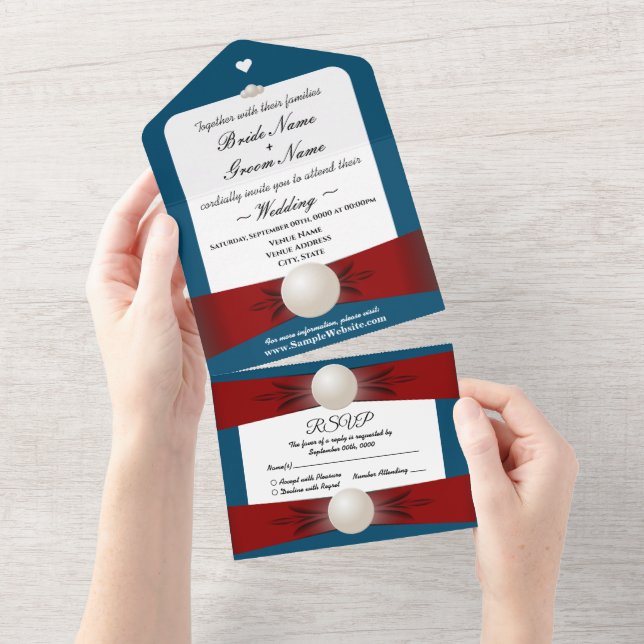 Invitation Tout En Un Burgundy & Blue Pearl Ribbon Mariage & RSVP Tout (Déchirure)