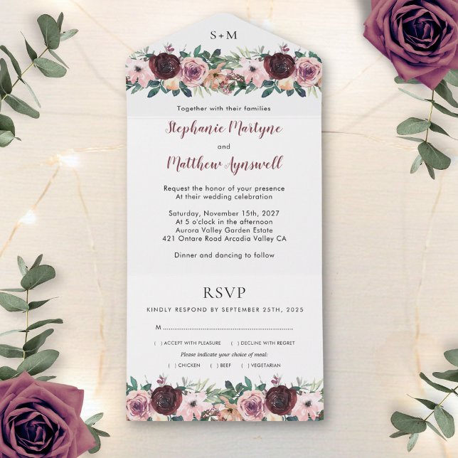 Invitation Tout En Un Burgundy Blush Aquarelle Mariage Floral (Créateur téléchargé)