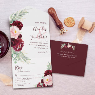 Invitation Tout En Un Burgundy Blush Floral Mariage moderne