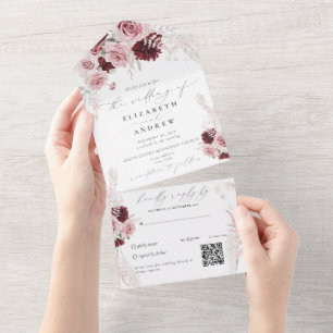 Invitation Tout En Un Burgundy Blush Rose Roses Floral QR Code Mariage