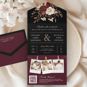 Invitation Tout En Un Burgundy Floral Automnal Code QR Noir Mariage