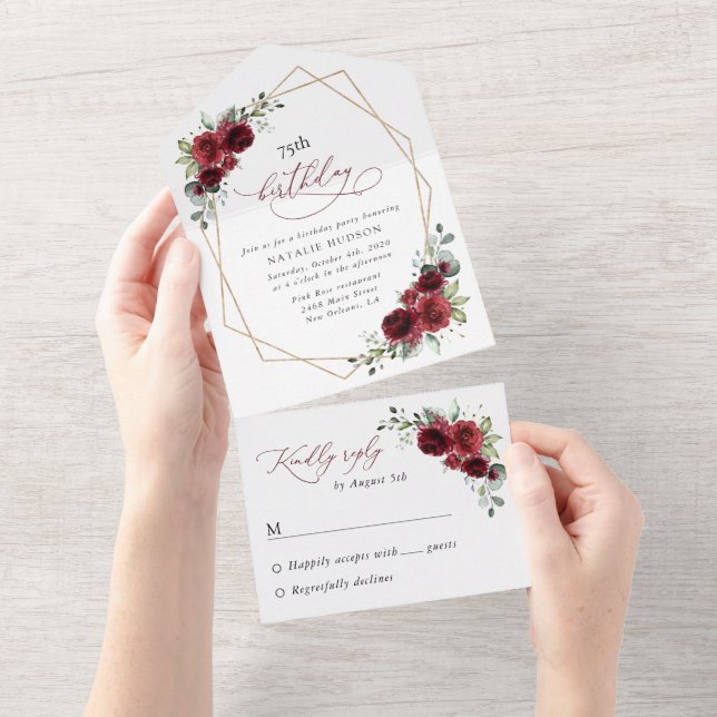 Invitation Tout En Un Burgundy Flowers, Red Flowers, Boho, Birthday (Déchirure)
