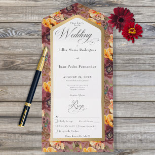 Invitation Tout En Un Burgundy & Gold Jewel Floral Gold Frame Diner