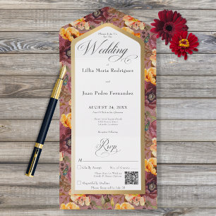 Invitation Tout En Un Burgundy & Gold Jewel Floral Gold Frame QR Code