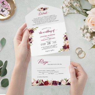 Invitation Tout En Un Burgundy Marsala Floral Détails du Mariage RSVP