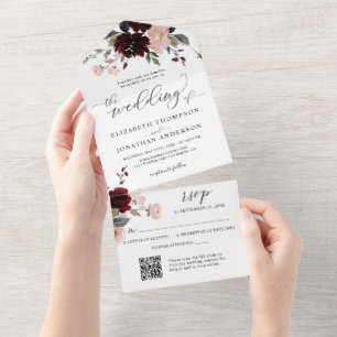 Invitation Tout En Un Burgundy Marsala Flowers Détails du Mariage QR RSV