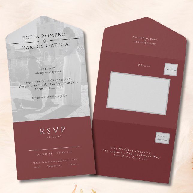 Invitation Tout En Un Burgundy Modern Photo Wedding (Créateur téléchargé)