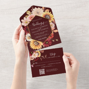 Invitation Tout En Un Burgundy Moody Fall Gold Floral QR RSVP Mariage