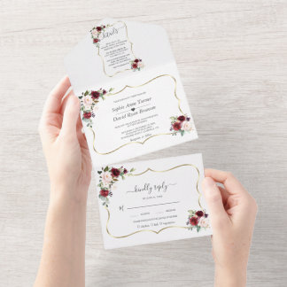 Invitation Tout En Un Burgundy Pink Flowers Gold Frame Wedding 