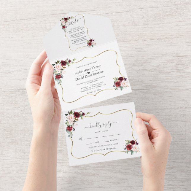 Invitation Tout En Un Burgundy Pink Flowers Gold Frame Wedding  (Déchirure)