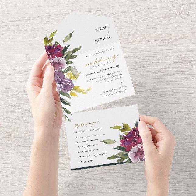 INVITATION TOUT EN UN BURGUNDY PURPLE LIME ROSE VERT FLORAL MARIAGE TOUT (Déchirure)