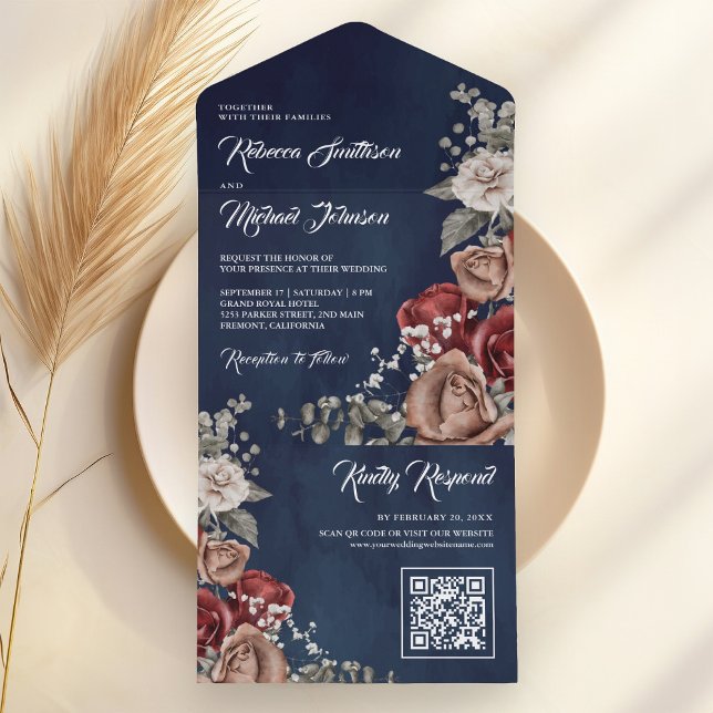 Invitation Tout En Un Burgundy Red Rose Floral QR Code Navy Blue Wedding (Créateur téléchargé)