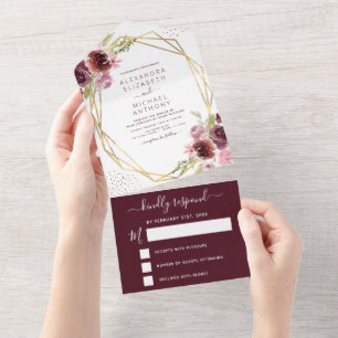 Invitation Tout En Un Burgundy rose moderne géométrique Mariage Floral t