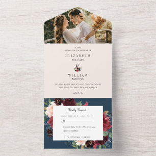 Invitation Tout En Un Burgundy Rouge Blush Rose Navy bleu Mariage Floral