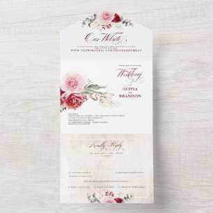 Invitation Tout En Un Burgundy Rouge Floral Élégant Mariage Boho