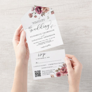 Invitation Tout En Un Burgundy Russet Détails du Mariage Floral QR RSVP