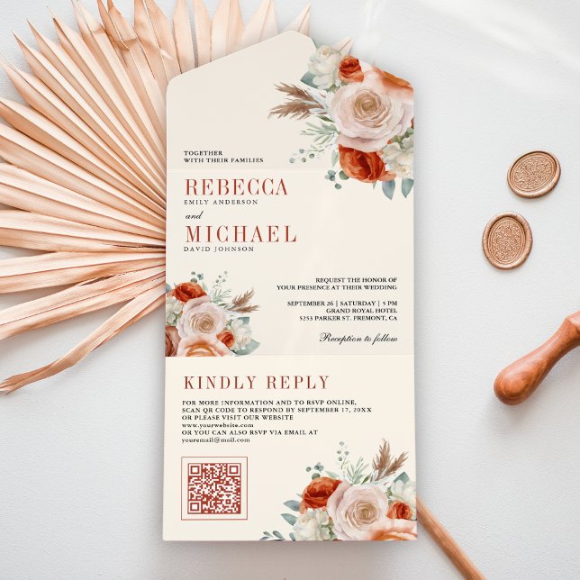 Invitation Tout En Un Burnt Orange Ivory Floral QR Code Wedding (Créateur téléchargé)