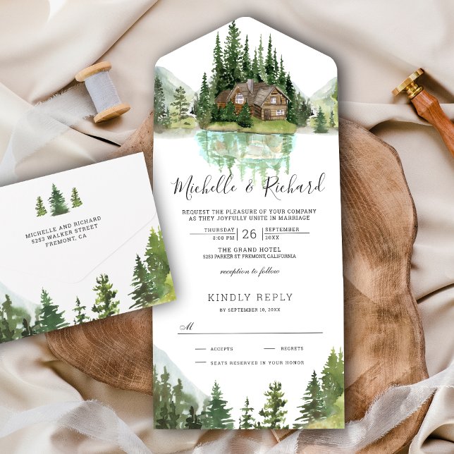 Invitation Tout En Un Cabine Rustique  Mountain Forest Lake Mariage (Créateur téléchargé)