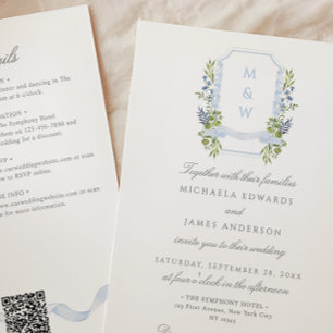 Invitation Tout en Un Cachet Régence Aquarelle QR Mariage