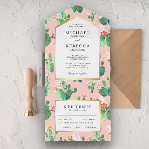 Invitation Tout En Un Cactus Floral Mariage Rose Tendre Mignon