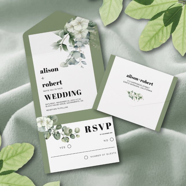 Invitation Tout En Un Cadre avec eucalyptus et fleurs blanches mariage (Créateur téléchargé)