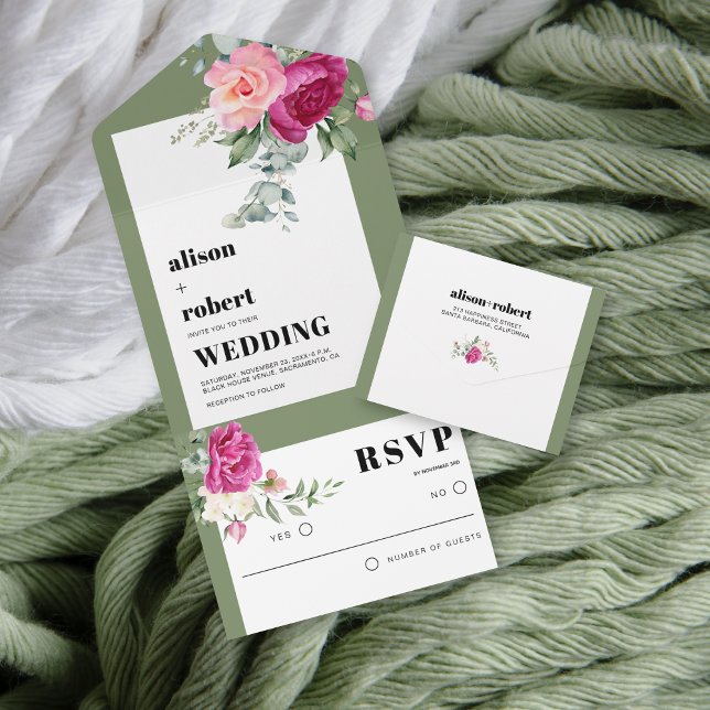 Invitation Tout En Un Cadre avec eucalyptus et roses mariage (Créateur téléchargé)