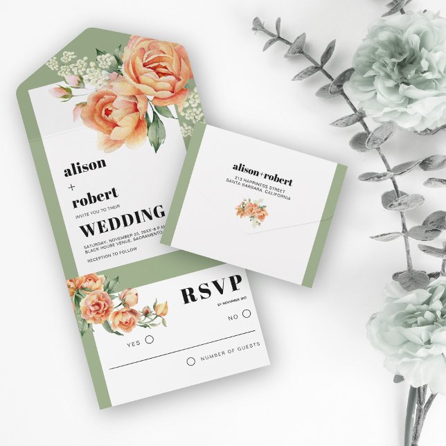 Invitation Tout En Un Cadre avec rose pêche fleurs sauge vert mariage (Créateur téléchargé)