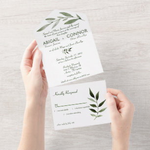 Invitation Tout En Un Cadre Élégant Minimaliste Feuilles Vert Olive Chas
