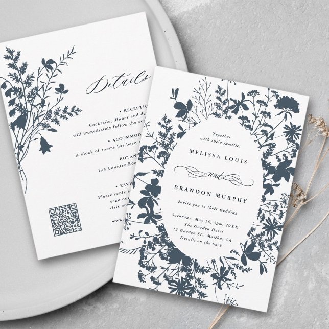 Invitation Tout en un cadre Fleur sauvage Marine et Mariage b (Front & Back)