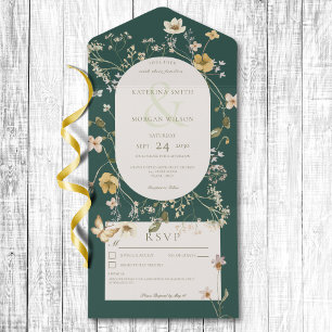 Invitation Tout En Un Cadre Fleur sauvage Rustique Emerald Green No Dinn