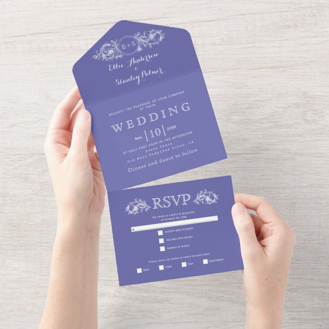 Invitation Tout En Un Cadre floral bleu périphérique, initiales mariage (Déchirure)